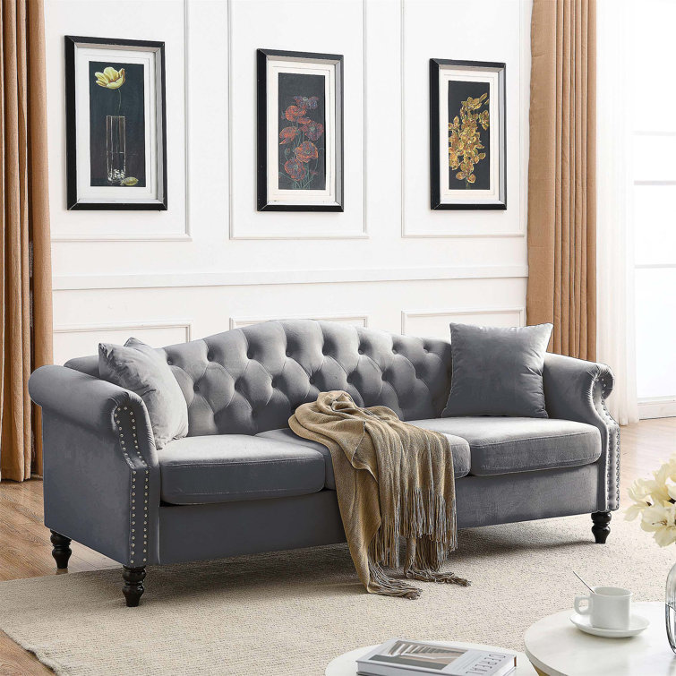 House of Hampton Janushka Sofa Grey Velvet Chesterfield Sofa 3